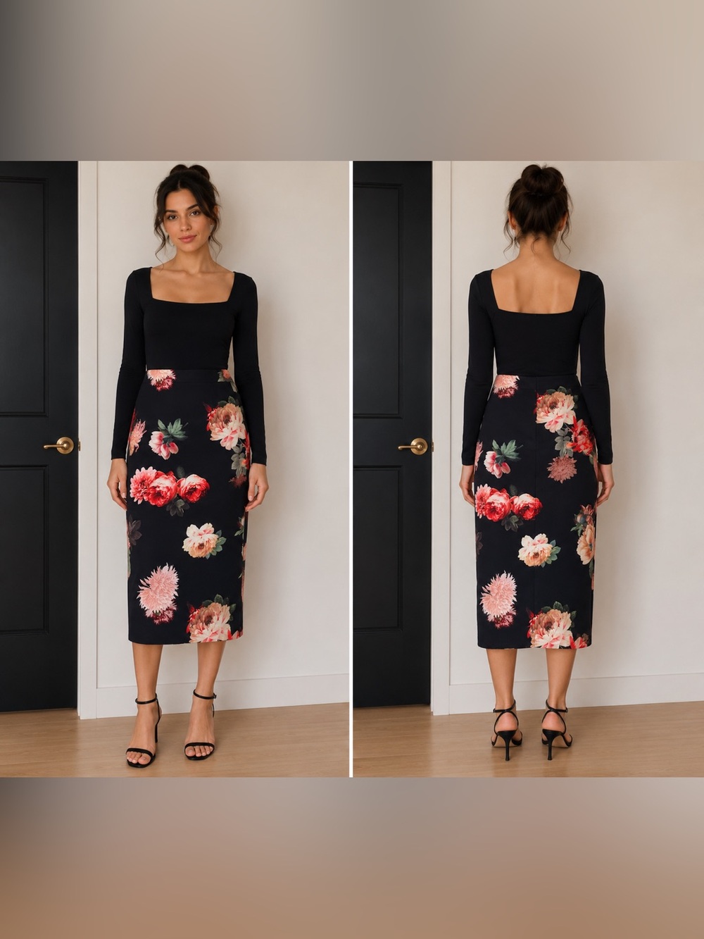 Zara Navy Pencil Skirt with Pink & Red Floral Print